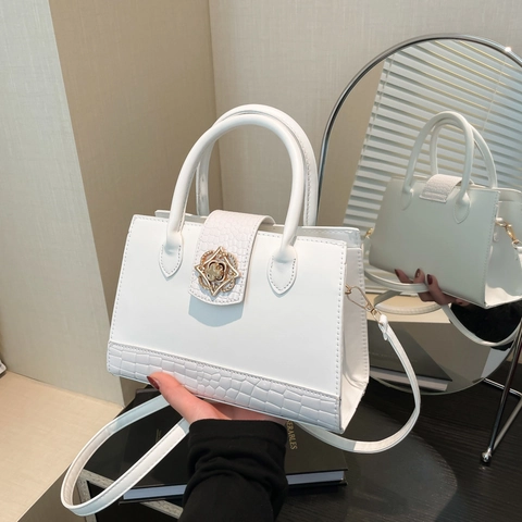 Borsa A Mano Strutturata Da Donna Pelle PU Motivo Coccodrillo Chiusura Fiore Dorato Vintage Borsa A Tracolla Trendy
