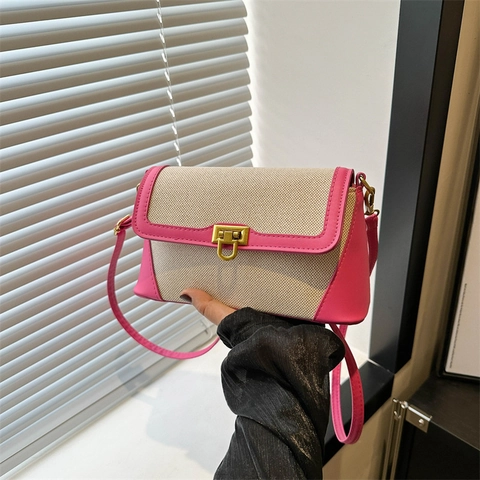 Women Small Square Bag PU Leather Contrast Color Shoulder Bag With Adjustable Strap Metal Lock For Street Trend