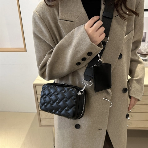 Women Quilted Crossbody Bag PU Leather Woven Texture Wide Strap With Detachable Mini Pouch Chic Square Fashion Camera Bag