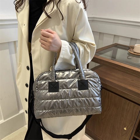 Borsa Tote da Donna alla Moda Borsa a Tracolla Trapuntata Metallica Grande Capacità Borsa a Tracolla Casual Invernale Imbottita