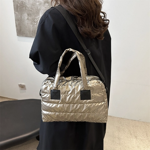 Metallic Puffer Tote Bag Für Damen Große Kapazität Gesteppte Nylon Baumwolle Umhängetasche Mit Verstellbarem Riemen Lässige Winter Handtasche
