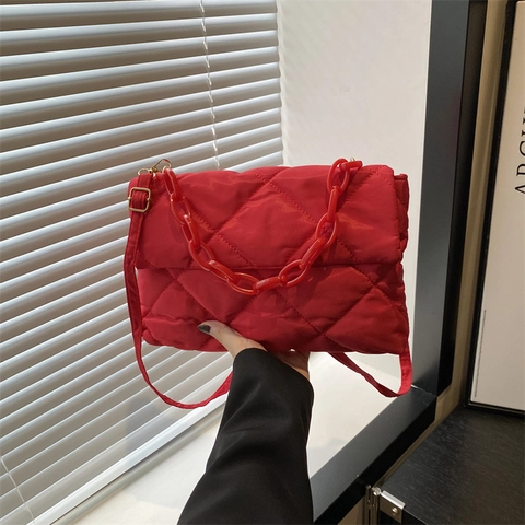 Fashion Women Quilted Shoulder Bag Solid Color Padded Crossbody Bag With Acrylic Chain Strap Trendy Square Messenger Bag