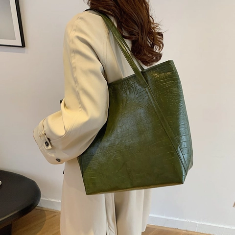 Fashion Crocodile Pattern Large Capacity PU Leather Tote Bag For Women Urban Minimalist Soft Solid Color Shoulder Handbag Commuting