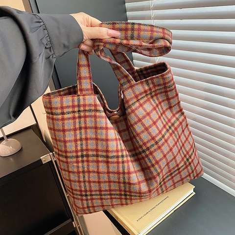 Bolso Tote Retro a Cuadros para Mujer Gran Capacidad de Tela Compuesta Bolso de Hombro Británico para Oficina Diaria