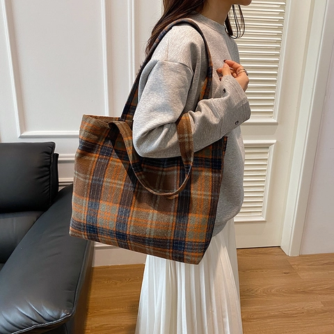 Bolso Tote Retro a Cuadros para Mujer Gran Capacidad de Tela Compuesta Bolso de Hombro Británico para Oficina Diaria
