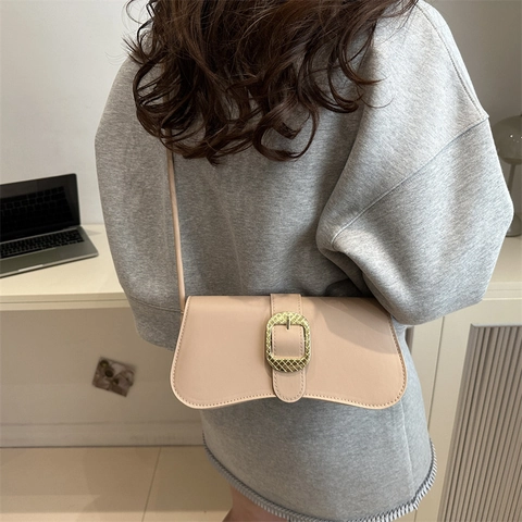 Borsa a Tracolla da Donna in Pelle PU Fibbia in Metallo Patta Borsa Sottobraccio Cinturino a Nodo Moda Versatile Tinta Unita