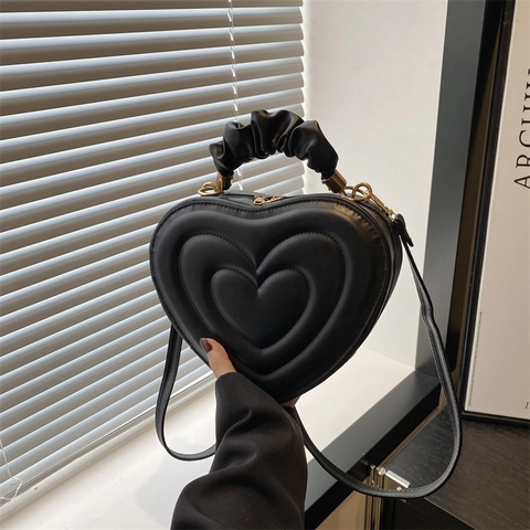 Sac à Bandoulière Tendance en Forme de Cœur pour Femmes Mode Hiver Sac à Main en Cuir PU Poignée Froncée Sac à Bandoulière