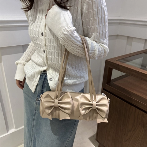 French Niche Design Bowknot Cylinder Shoulder Bag For Women Fashion PU Leather Underarm Bag Elegant Solid Color Crossbody Bag