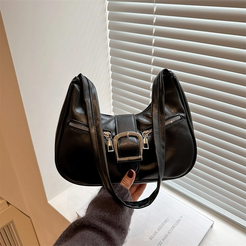 Retro PU Leather Underarm Bag For Women Fashion Hobo Crossbody Bag With Metal Buckle Decorative Zippers Solid Color Shoulder Bag
