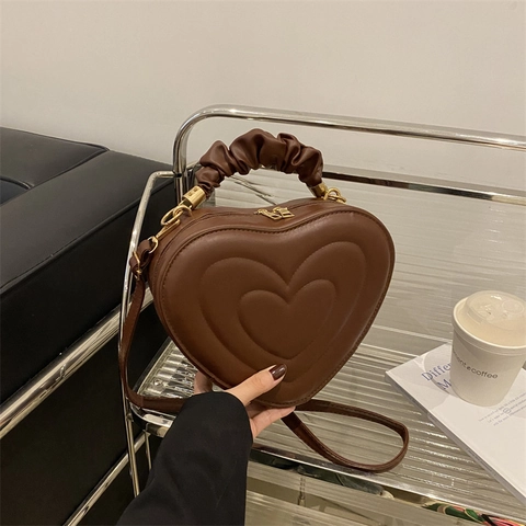 Heart Shaped Crossbody Bag For Women PU Leather Ruched Handle Trendy Shoulder Handbag With Gold Hardware Zipper Closure