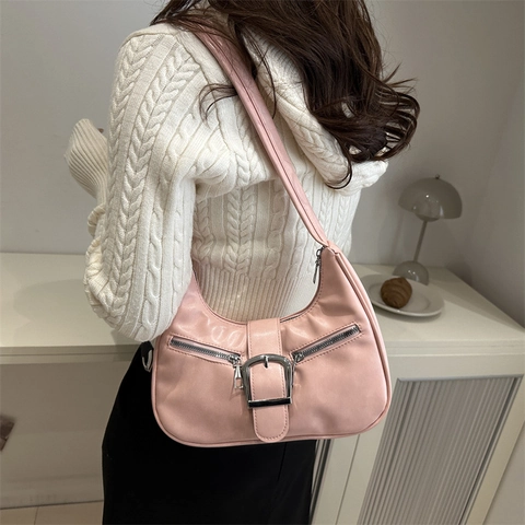 Bolso de Hombro de Media Luna de Cuero PU para Mujer Bolso de Axila Retro Con Hebilla de Metal Grande Cremalleras Decorativas Bolso Hobo Chic Color Sólido