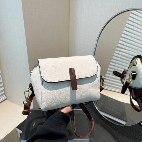 Borsa A Tracolla Donna Pelle PU Motivo Litchi Cinturino Contrasto Patta Piccola Borsa Quadrata Elegante