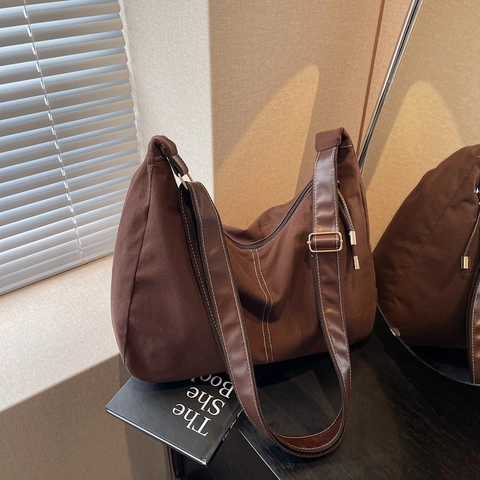 Bolso De Hombro Gamuza Lona Gran Capacidad Tote Hobo Bandolera Para Mujer Vintage Minimalista Conmutar Costuras Contraste