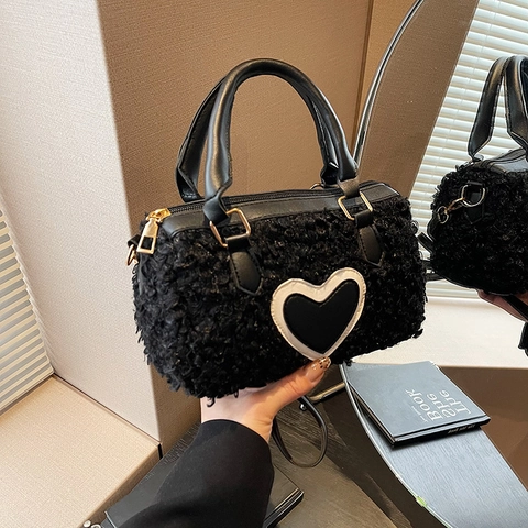 Pluche Lamswol Cilinder Schoudertas Hartpatroon Contrast Lederen Handvat Crossbody Handtas Voor Vrouwen Zoete Wintermode