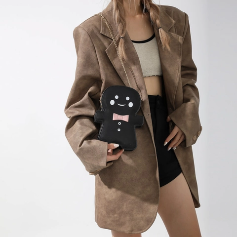 Gingerbread Man Shaped Crossbody Bag PU Leather Cartoon Novelty Shoulder Purse Gold Chain Strap Festive Accessory