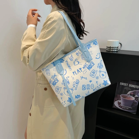Bolso Tote de Gran Capacidad para Mujer Graffiti Bolso de Hombro de Cuero PU Street Style para Diario Escuela Estudiantes