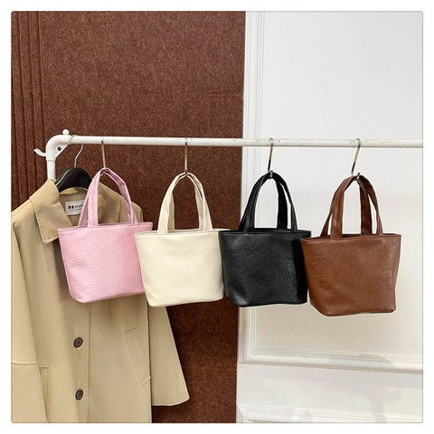 Women Handbag PU Leather Pleated Texture Mini Tote Bag Bucket Shape Fashion Minimalist Solid Color Commute Stylish