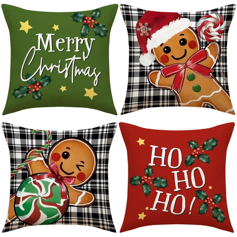 Christmas Gingerbread Man Decorative Pillowcase Linen Blend Plaid Merry Christmas Cushion Cover For Home Sofa Decor