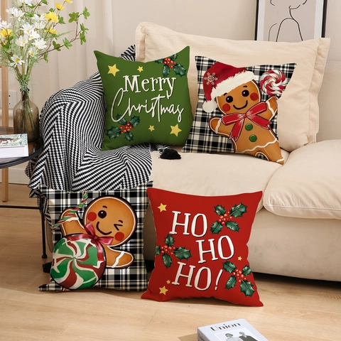 Christmas Gingerbread Man Decorative Pillowcase Linen Blend Plaid Merry Christmas Cushion Cover For Home Sofa Decor