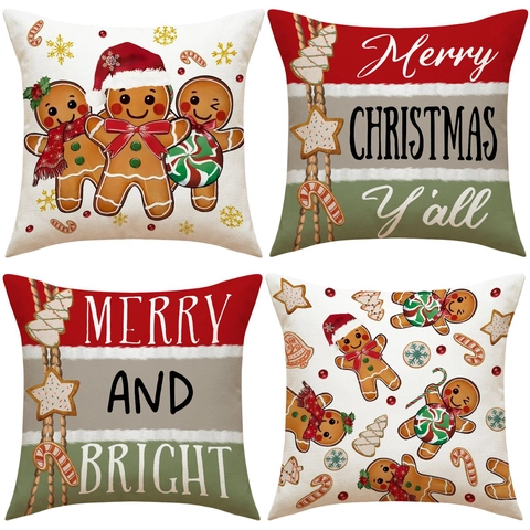 Christmas Gingerbread Man Pillowcase Faux Linen Cushion Cover For Sofa Car Office Decor Holiday Merry Christmas Print