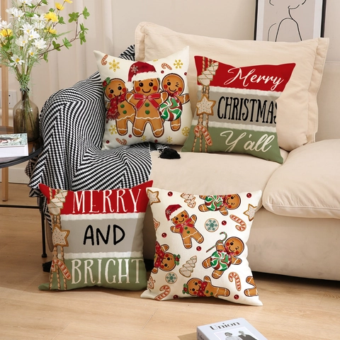 Christmas Gingerbread Man Pillowcase Faux Linen Cushion Cover For Sofa Car Office Decor Holiday Merry Christmas Print