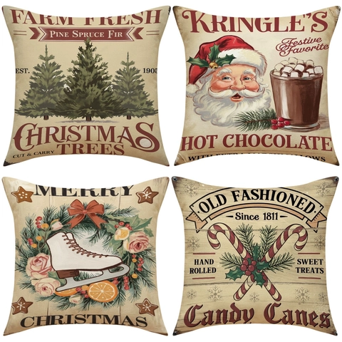 Vintage Weihnachten Leinen Kissenbezug Weihnachtsmann Tannenbaum Dekorativer Kissenhülle Für Sofa Haus Dekoration