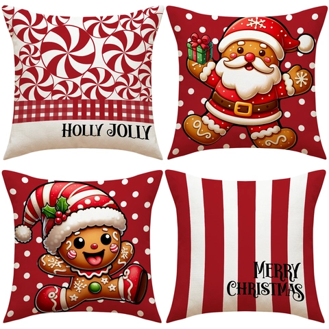 Weihnachten Leinenmischung Kissenbezüge Lebkuchenmann Weihnachtsmann Cartoon Druck Dekorative Kissenhülle Für Sofa Haus Deko