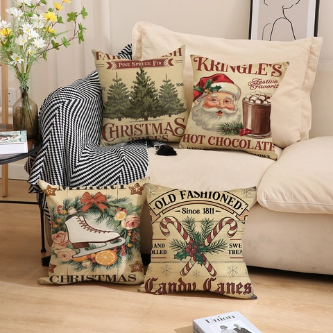 Vintage Weihnachten Leinen Kissenbezug Weihnachtsmann Tannenbaum Dekorativer Kissenhülle Für Sofa Haus Dekoration