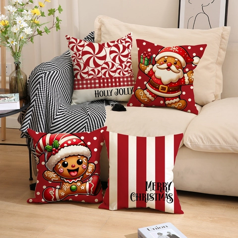 Weihnachten Leinenmischung Kissenbezüge Lebkuchenmann Weihnachtsmann Cartoon Druck Dekorative Kissenhülle Für Sofa Haus Deko