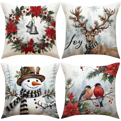 Funda De Cojín Navideño Lino De Imitación Estampado Muñeco De Nieve Reno Corona Decoración Hogar Sofá
