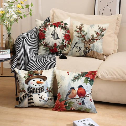 Funda De Cojín Navideño Lino De Imitación Estampado Muñeco De Nieve Reno Corona Decoración Hogar Sofá