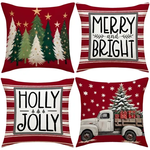 Christmas Decorative Throw Pillow Covers Red Faux Linen Christmas Tree Truck Letter Prints Sofa Living Room Home Decor