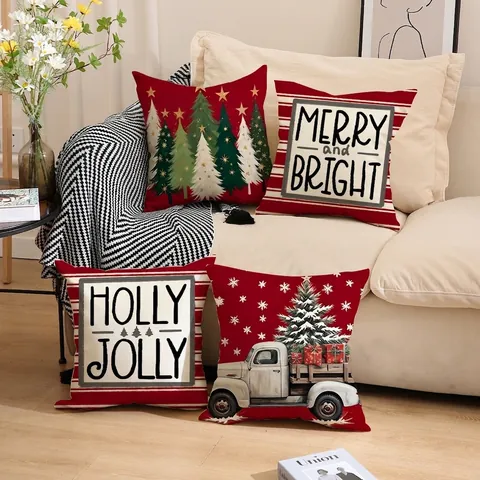 Christmas Decorative Throw Pillow Covers Red Faux Linen Christmas Tree Truck Letter Prints Sofa Living Room Home Decor