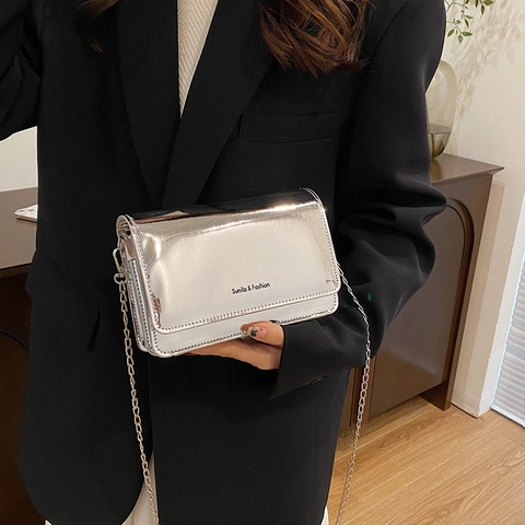 Women Fashion PU Leather Crossbody Bag Simple Square Shoulder Bag With Silver Metal Chain Strap Versatile Daily Handbag