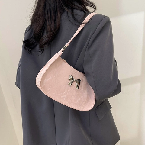 Borsa Sottobraccio in Pelle PU da Donna Moda Texture Increspata Borsa a Mezzaluna Con Decorazione Fiocco in Metallo per Appuntamenti