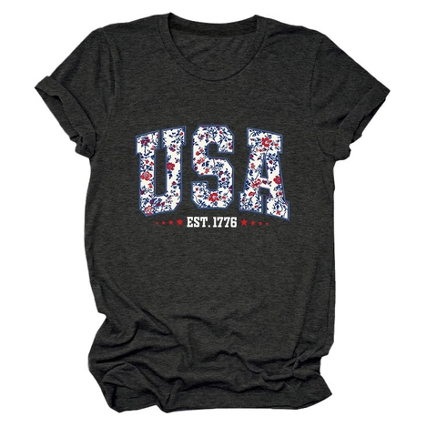 Women's Casual Cotton Blend Round Neck T-Shirt USA EST 1776 Floral Letter Print Short Sleeve Loose Top Summer Fashion Tee