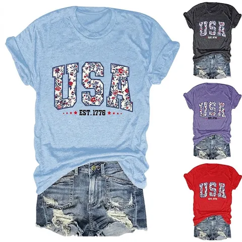 Women's Casual Cotton Blend Round Neck T-Shirt USA EST 1776 Floral Letter Print Short Sleeve Loose Top Summer Fashion Tee