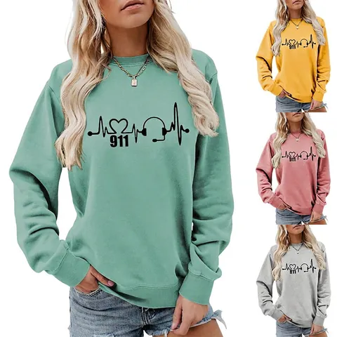 Damen Sweatshirt Baumwolle Rundhals Langarm Pullover Herzschlag Grafik Notrufdisponent Design Lässig Weich