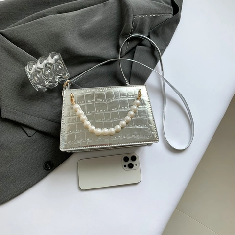 Sac Carré Petit pour Femme avec Poignée en Künstliche Perle Motif Crocodile Cuir PU Métallique Sac à Main Bandoulière Mode
