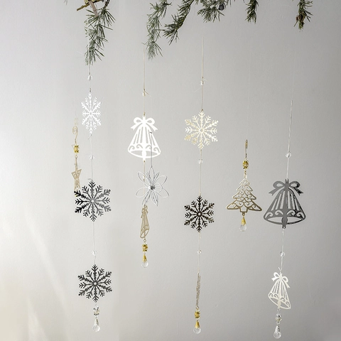 Christmas Hanging Ornaments Metal Snowflake Bell String Holiday Tree Decoration Luxury Window Props Faux Crystal Pendant