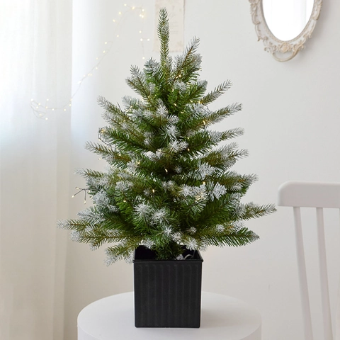 Artificial Potted Christmas Tree With Warm LED Lights Flocked Snow Pine For Tabletop Home Hotel Office Desktop Festive Decor