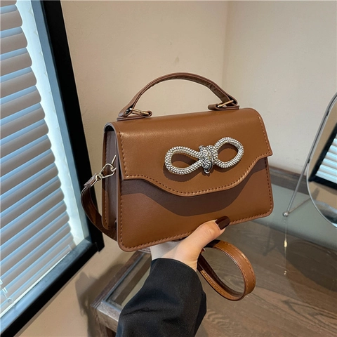 Women PU Leather Shoulder Bag Rhinestone Bow Decor Flap Handbag Minimalist Solid Color Crossbody Purse With Top Handle