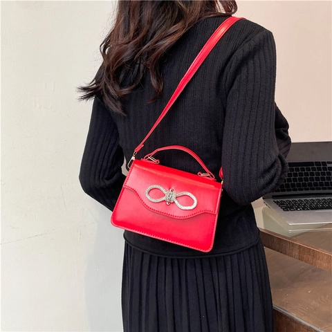 Women PU Leather Shoulder Bag Rhinestone Bow Decor Flap Handbag Minimalist Solid Color Crossbody Purse With Top Handle