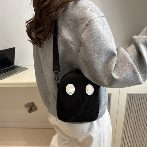 Corduroy Kleine Crossbody Tas Cartoon Geest Gezicht Casual Messenger Bag Voor Vrouwen En Studenten