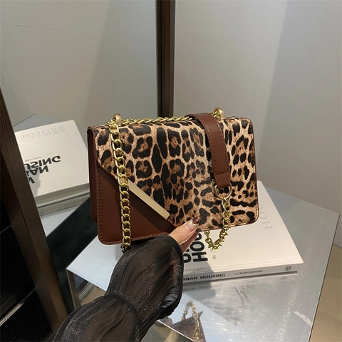 Dames Luipaardprint Patchwork Kleine Vierkante Tas PU Leer Mode Ketting Schoudertas Crossbodytas Stedelijk Minimalistisch