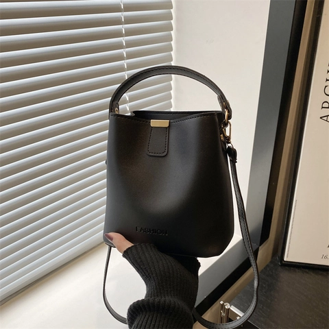 Women Fashion PU Leather Bucket Bag Minimalist Letter Embossed Top Handle Handbag Adjustable Shoulder Strap Daily Crossbody