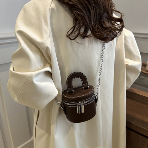Damen Mini Zylinder Umhängetasche PU Leder Kontrastnähte Eimer Handtasche Silberne Kette Reißverschluss Trendig