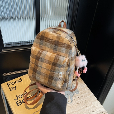 Zaino Mini Donna in Tweed a Quadri Stile Collegiale Coreano Vintage Con Ciondolo Mostro di Peluche Spalline Regolabili in PU