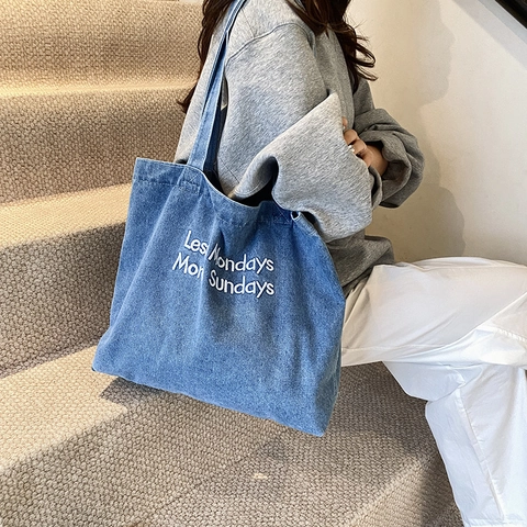 Sac Cabas Rétro en Denim et Polyester Brodé pour Femme Grande Capacité Sac à Bandoulière Motif Lettres pour École