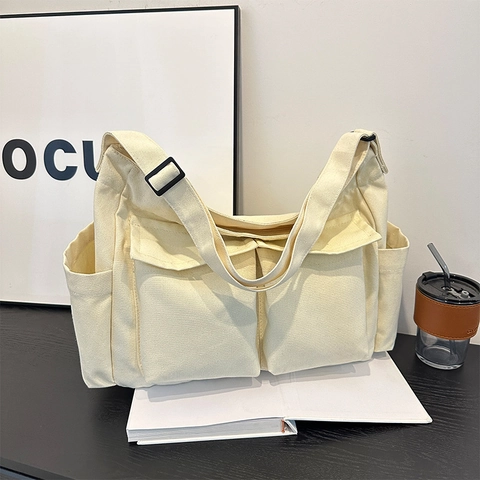 Bolso Bandolera de Lona para Mujer Gran Capacidad Multibolsillo Messenger Bag Estilo Workwear Bolso Tote para Escuela